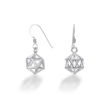 Load image into Gallery viewer, A pair of D20 Earrings hang in front of a white background. Inspired by the TTRPG game lover in all of us, these D20 earrings are perfect little hollow icosahedrons of sterling silver that dangle and twist, sparkling in the light. Lightweight and stylish enough to wear to the fanciest ball, but iconic enough to wear on game night. These match wonderfully with our D20 Key Necklace.