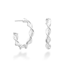Load image into Gallery viewer, A pair of Hexspiral Hoop Earrings against a white background. These elegant earrings feature a 3/4 circle of twisted hexagonal designs, beginning and ending in a hexagon. With posts and strong, secure push backs, these lightweight earrings are perfect for daily wear, and upscale enough for any special occasion.