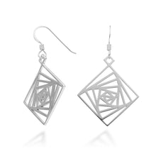 Load image into Gallery viewer, An image of the Square Spiral Earrings over a white background. The sterling silver earrings are a spiral pattern with square sides.