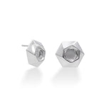 A pair of sterling silver Aperture Earrings against a white background. The earrings feature a twisty hexagonal design, and measure about 15.7mm from flat to flat. At 7 grams each, they're eminently comfortable to wear, but still make a bold statement.