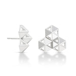 Silver Boardwalk Earrings against a white background. The boardwalk earrings consist of 3 hexagonal pyramids, each with 3 solid sides and 3 windows sides, joined together in a triangular shape.