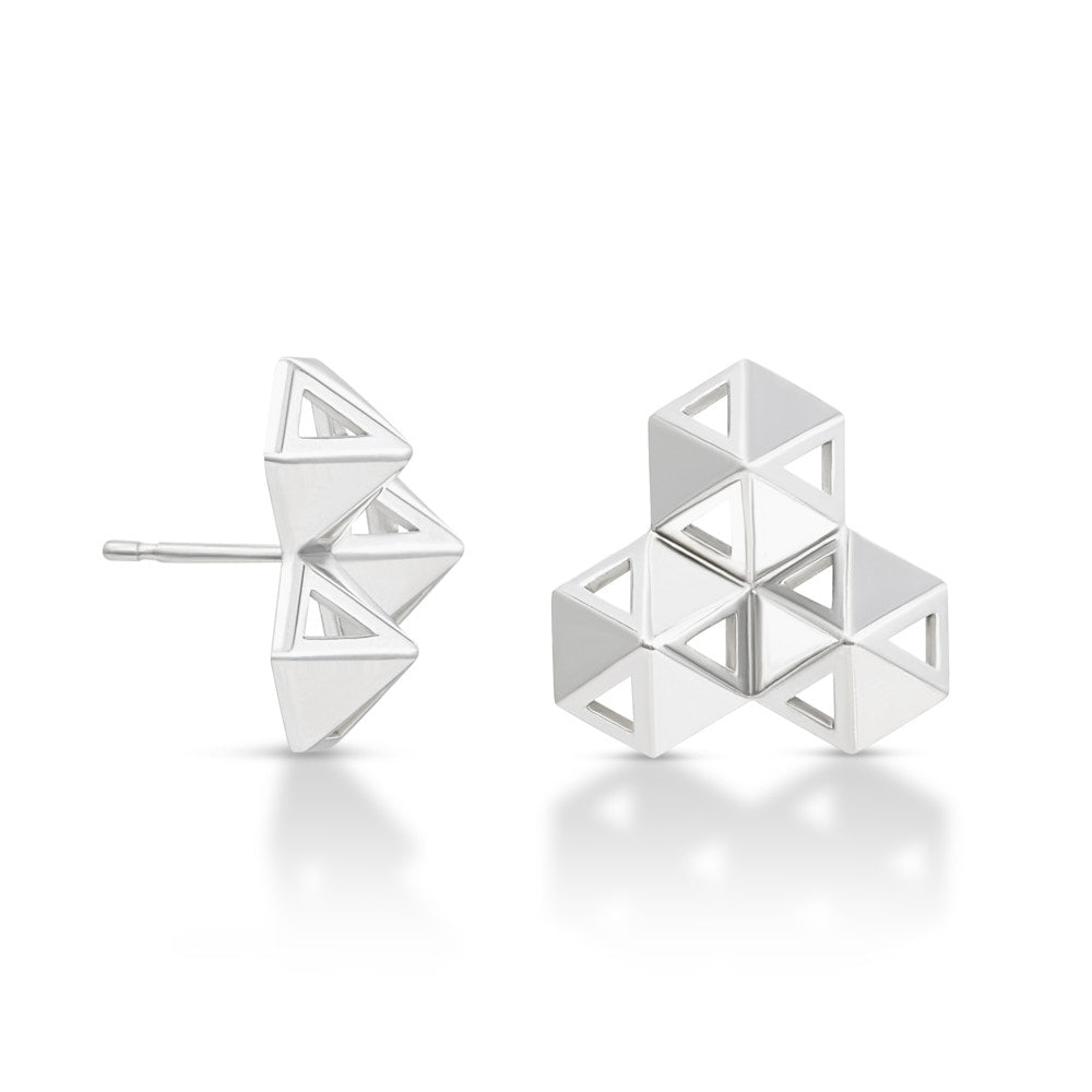 Silver Boardwalk Earrings against a white background. The boardwalk earrings consist of 3 hexagonal pyramids, each with 3 solid sides and 3 windows sides, joined together in a triangular shape.