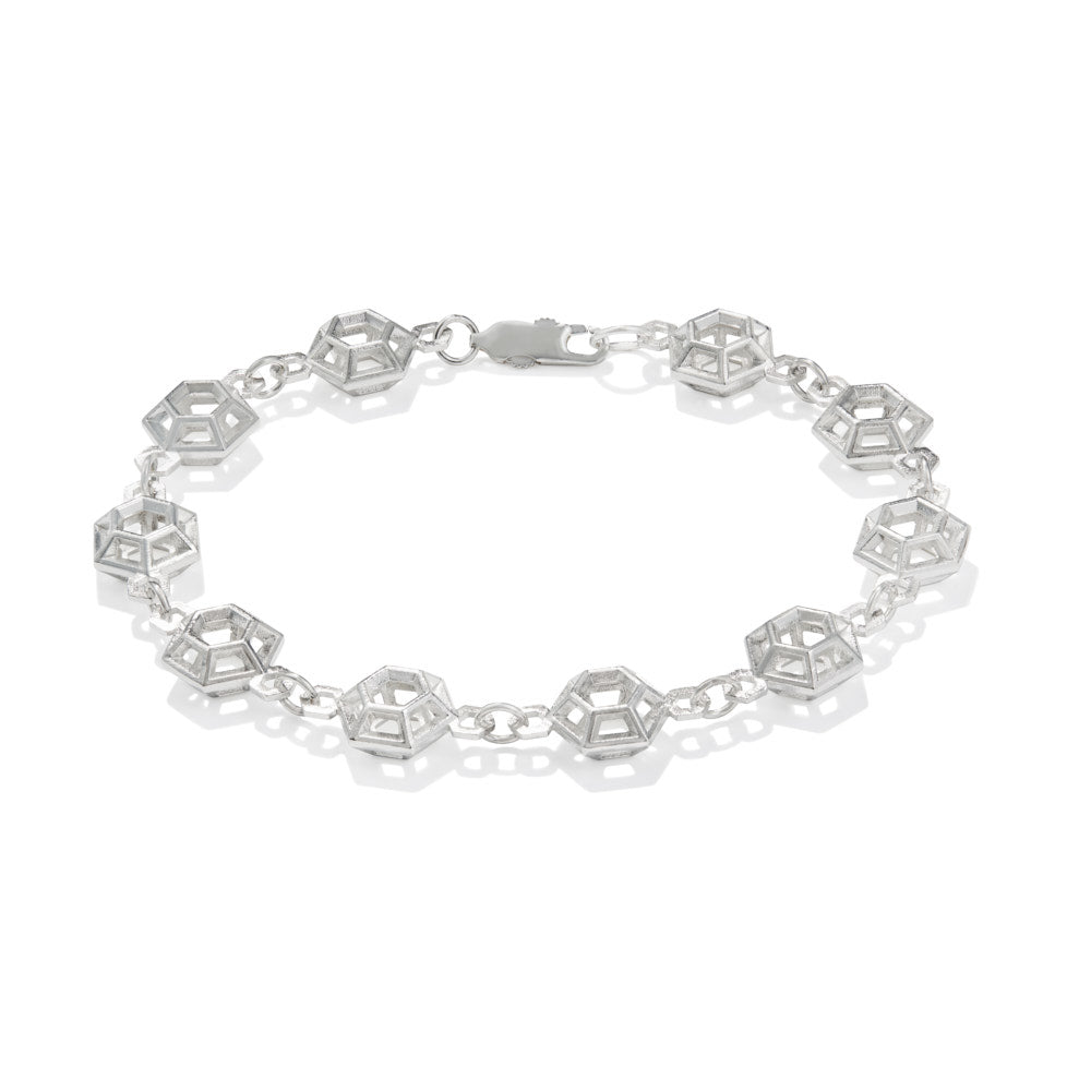 An image of the Starlight Prism Bracelet closed in a circle over a white background. The sterling silver Starlight Prism Bracelet features a three dimensional hexagon design, glittering and reflecting light from many directions. With multiple links connecting with a lobster clasp, it's light, it's strong, and it's designed to be elegant enough for a fancy dress party, but strong enough for daily wear.