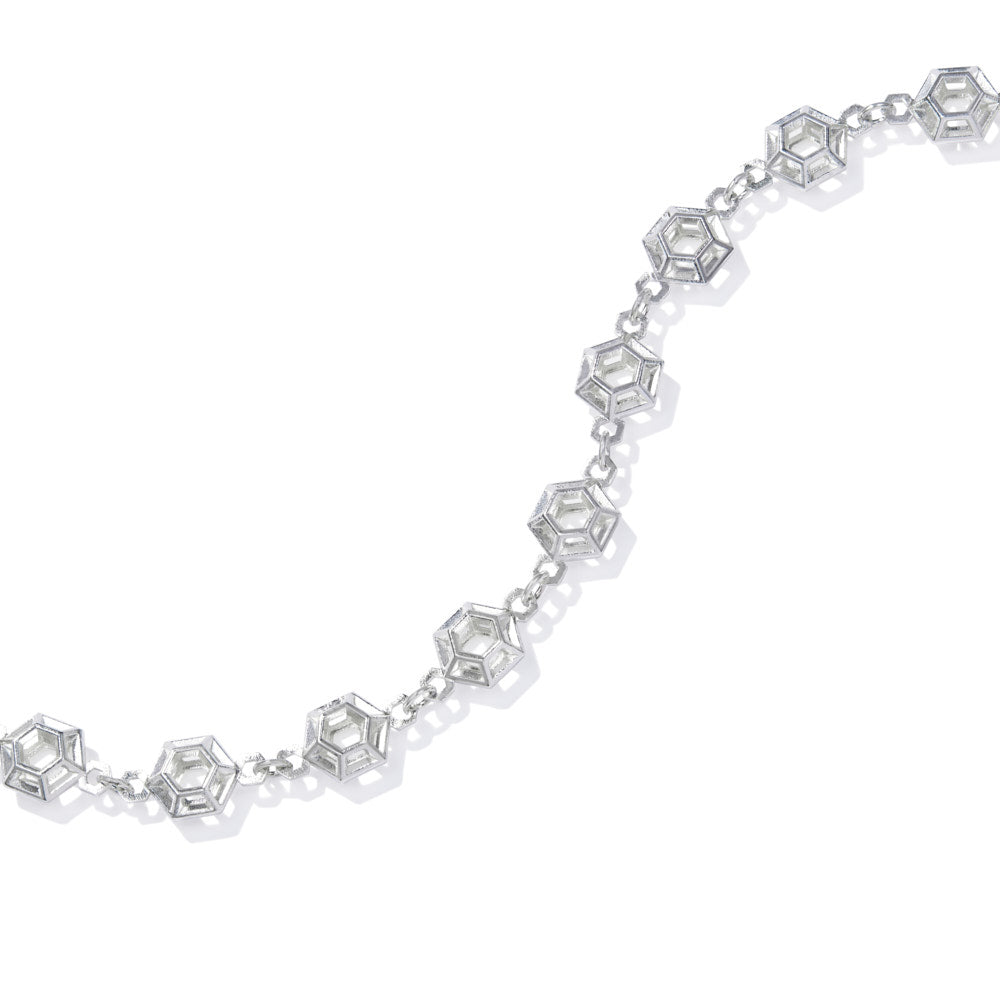 An image of the Starlight Prism Bracelet open and snaked over a white background. The sterling silver Starlight Prism Bracelet features a three dimensional hexagon design, glittering and reflecting light from many directions. With multiple links connecting with a lobster clasp, it's light, it's strong, and it's designed to be elegant enough for a fancy dress party, but strong enough for daily wear.