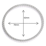 A product photo of our large Check Bangle taken from above with measurements showing the major and minor axes in the ellipse. The major axis is 70mm in diameter, and the minor axis is 62mm in diameter. 