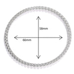 A product photo of our small Check Bangle taken from above with measurements showing the major and minor axes in the ellipse. The major axis is 66mm in diameter, and the minor axis is 58mm in diameter. 