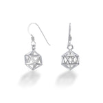 A pair of D20 Earrings hang in front of a white background. Inspired by the TTRPG game lover in all of us, these D20 earrings are perfect little hollow icosahedrons of sterling silver that dangle and twist, sparkling in the light. Lightweight and stylish enough to wear to the fanciest ball, but iconic enough to wear on game night. These match wonderfully with our D20 Key Necklace.