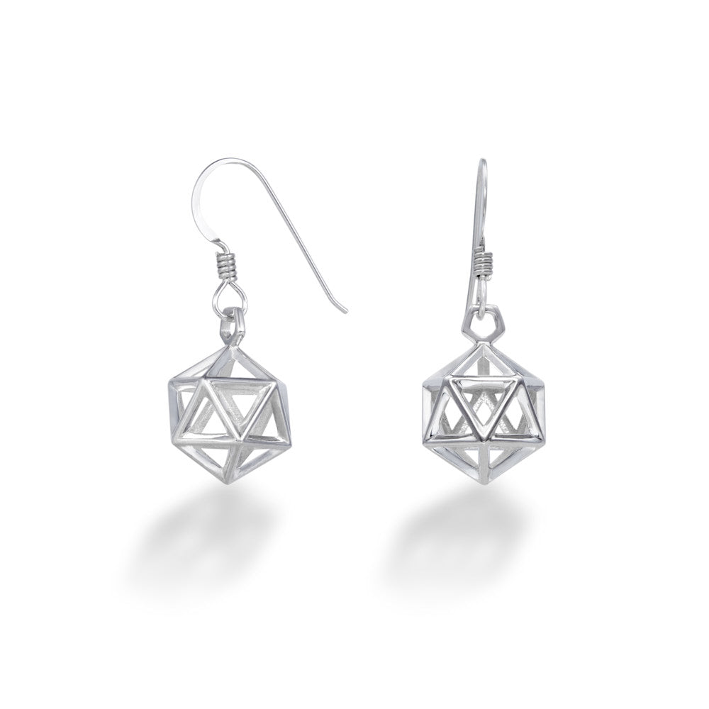 A pair of D20 Earrings hang in front of a white background. Inspired by the TTRPG game lover in all of us, these D20 earrings are perfect little hollow icosahedrons of sterling silver that dangle and twist, sparkling in the light. Lightweight and stylish enough to wear to the fanciest ball, but iconic enough to wear on game night. These match wonderfully with our D20 Key Necklace.