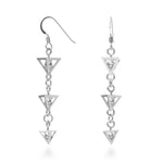 A photo of the Diminished Third Earrings, which are a flurry of motion at every turn. Three pentahedrons (square pyramids) of angled sterling, inside of each lies a captive sphere of silver. Each pentahedron diminishes in size down the 50mm length of the earring, and all three are joined together loosely to flow and twist and move, catching light and eyes everywhere you go. These come suspended from hypoallergenic Argentium silver hooks for added comfort and exceptional tarnish resistance.