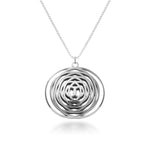 This is a phot of the Intererence Necklace, an ode to the rhythmic beauty of interference waves. Like ripples in a pool, the dual rings of silver radiate outward from the center, colliding and combining to form a mesmerising pendant. At just under 30mm wide and tall, and a full 10mm thick, this is beautifully large pendant to behold from any angle. Hanging from a beautiful 22 inch, 1.5mm box chain, this pendant is precision, beauty, and elegance all wrapped into one.