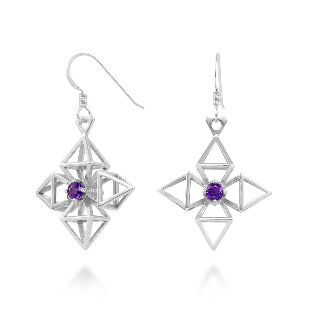 Silver geometric earrings with purple amethyst gemstones on a white background. 