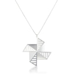 An image of the sterling sliver Windmolen Necklace hanging straight on over a white background. The necklace has a unique windmill-inspired design, almost like a pinwheel of silver on a chain. It's a large piece at 60mm wide, but it's been designed to be a mere 23 grams in weight. The angles ensure this piece stays perfectly rigid, with comfortable corners despite its almost shuriken-like appearance. Like all of our pieces, this is meant to last a lifetime. A piece of which you can be truly proud.