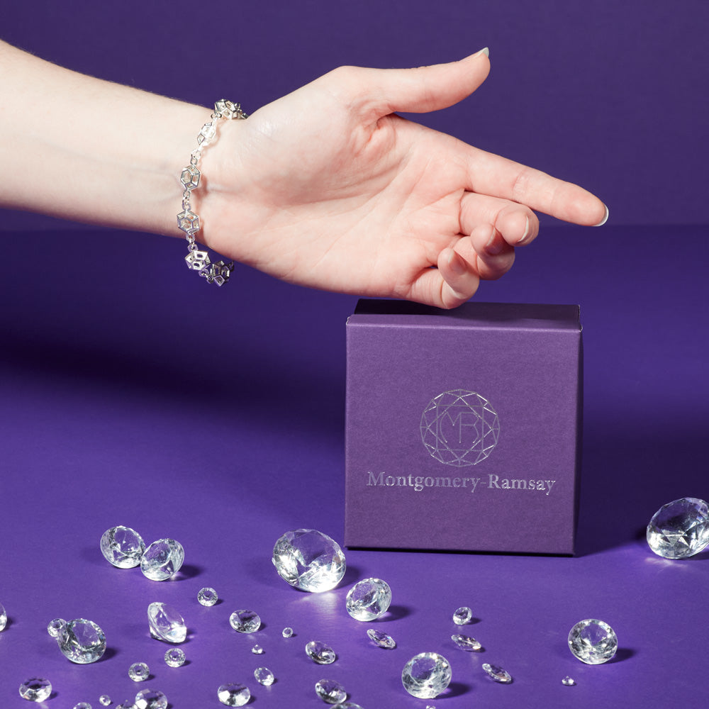 An image of a model's wrist and hand, palm facing the camera above a purple Montgomery-Ramsay product box. The model is wearing a Starlight Prism Bracelet. The background is purple, and there are a collection of clear gems scattered across the purple table. 