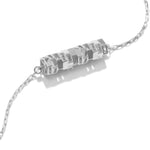 A photo of the Zeta Corridor at a 45 degree angle. A mix of elegance and mathematical precision, the sterling silver pendant is crafted from 12 hexagonal tubes, each rotated at a 30 degrees, creating a continuous pattern. Inside the tube are 12 individual hexagons suspended by 12 wires each through the center. A total of 144 spokes inside  create an incredible rigidity and complex form. The pendant sits inline in a diamond cut sterling chain. 