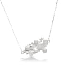 A product photo of our Sea of Squares Necklace hanging in front of a white background. The necklace pendant is an abstract collection of squares at varying heights, and the pendant sits inline along a rectangular link chain. The chain attaches at two different heights on the sides.  