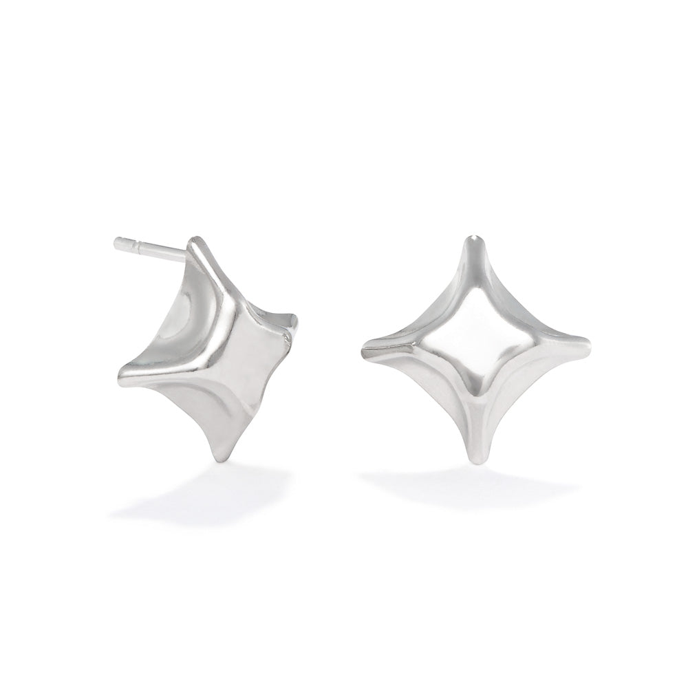 A photo of our Folded Square stud earrings against a white background. The earrings are a classic folded square design done in sterling silver and the stud is on one of the points.