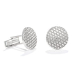 A product photo of our diamond pattern cufflinks against a white background. The cufflinks are round, 18mm low-dome cufflinks made up of interlocking diamond shapes in the metal. 