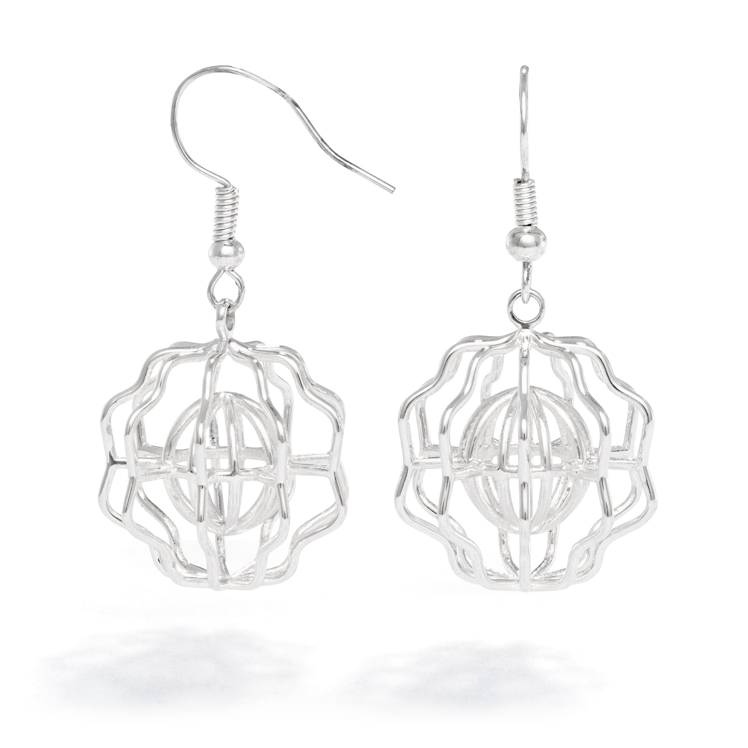 A product photo of our Supernova Earrings against a white background. The earrings are irregular wire shapes with a sphere shape in the center and a jagged shape on the outside. They hang from Argentium hooks. 