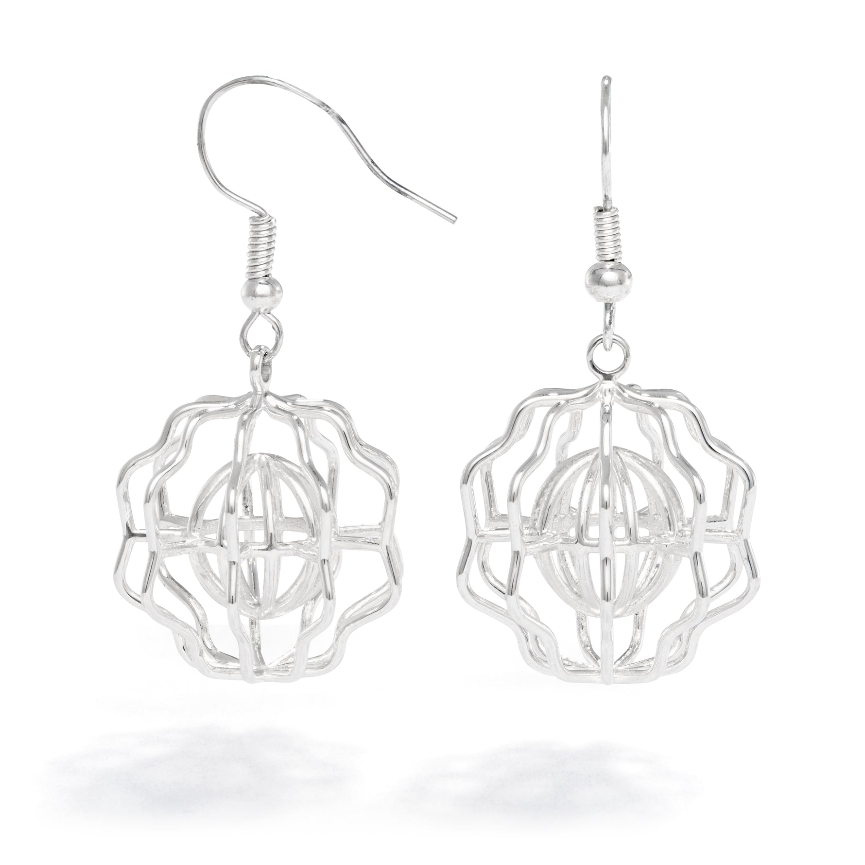 A product photo of our Supernova Earrings against a white background. The earrings are irregular wire shapes with a sphere shape in the center and a jagged shape on the outside. They hang from Argentium hooks. 