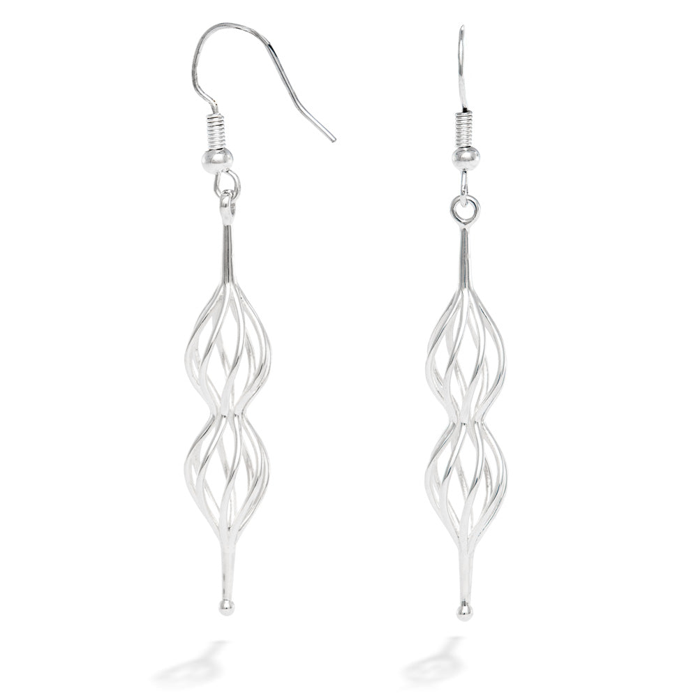 A photo of our Double Spiral Earrings against a white background. The earrings are a shape of twisted wire curves that taper to a rounded point at the bottom and a bail at the top. They hang from Argentium hooks. 