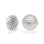 A product photo of the Beehive Earrings against a white background. The earrings are 18mm round stud earring made up of hexagons connected at the points (with triangular spaces in between). The earrings thicken toward the center in a shallow dome. 