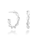 A pair of Hexspiral Hoop Earrings against a white background. These elegant earrings feature a 3/4 circle of twisted hexagonal designs, beginning and ending in a hexagon. With posts and strong, secure push backs, these lightweight earrings are perfect for daily wear, and upscale enough for any special occasion.