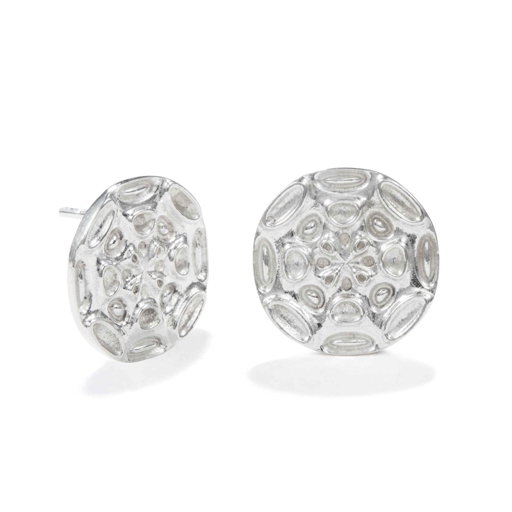 A product photo of our Moonscape Earrings in front of a white background. The earrings are 18mm round disc stud earrings with a textured pattern reminiscent of craters. 